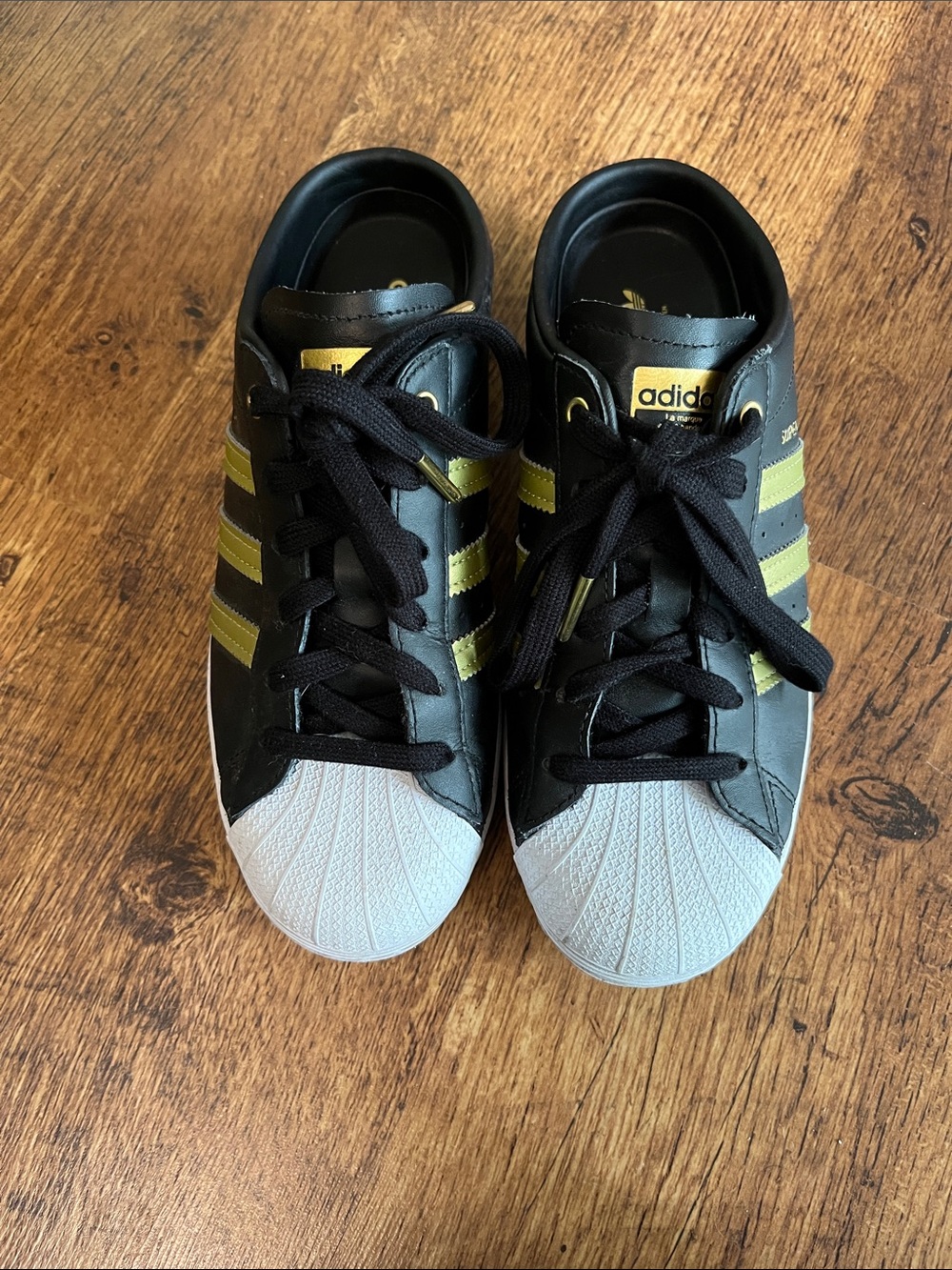 adidas Black and Gold Superstar Slip On Sneakers